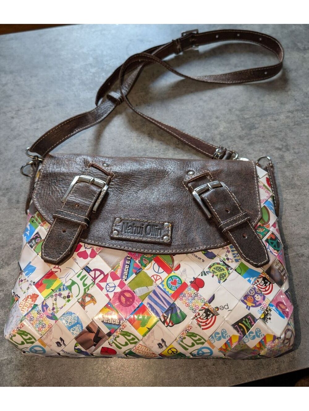 Nahui Ollin Woven Peace & Love Recycled Wrapper Shoulder Bag Y2K Eco Friendly